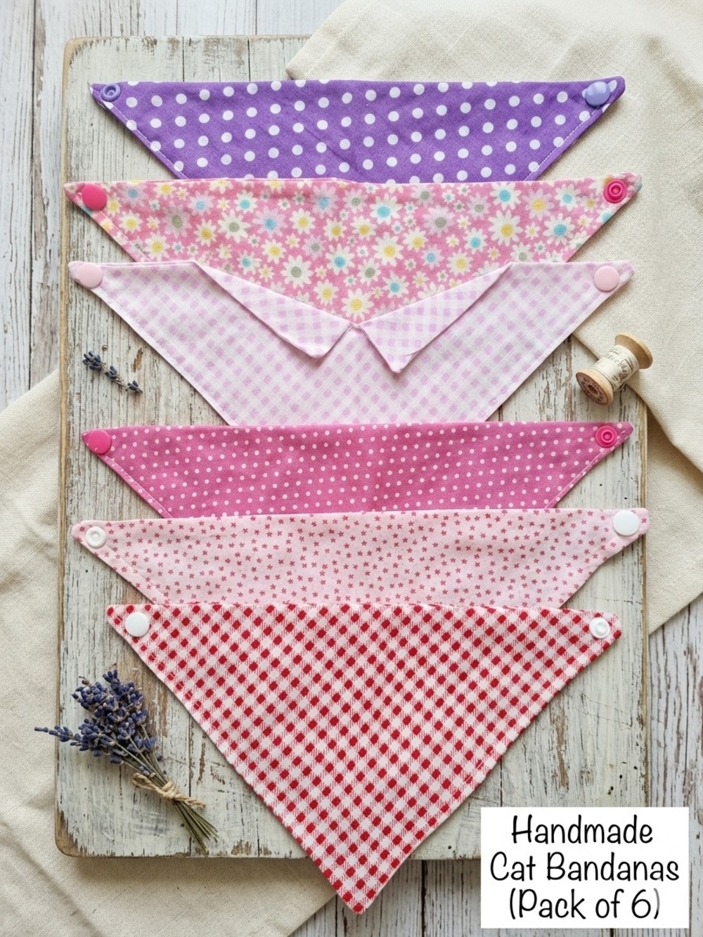 Handmade Cat Bandana Set - Pink, Purple & Red Patterns (Pack of 6)